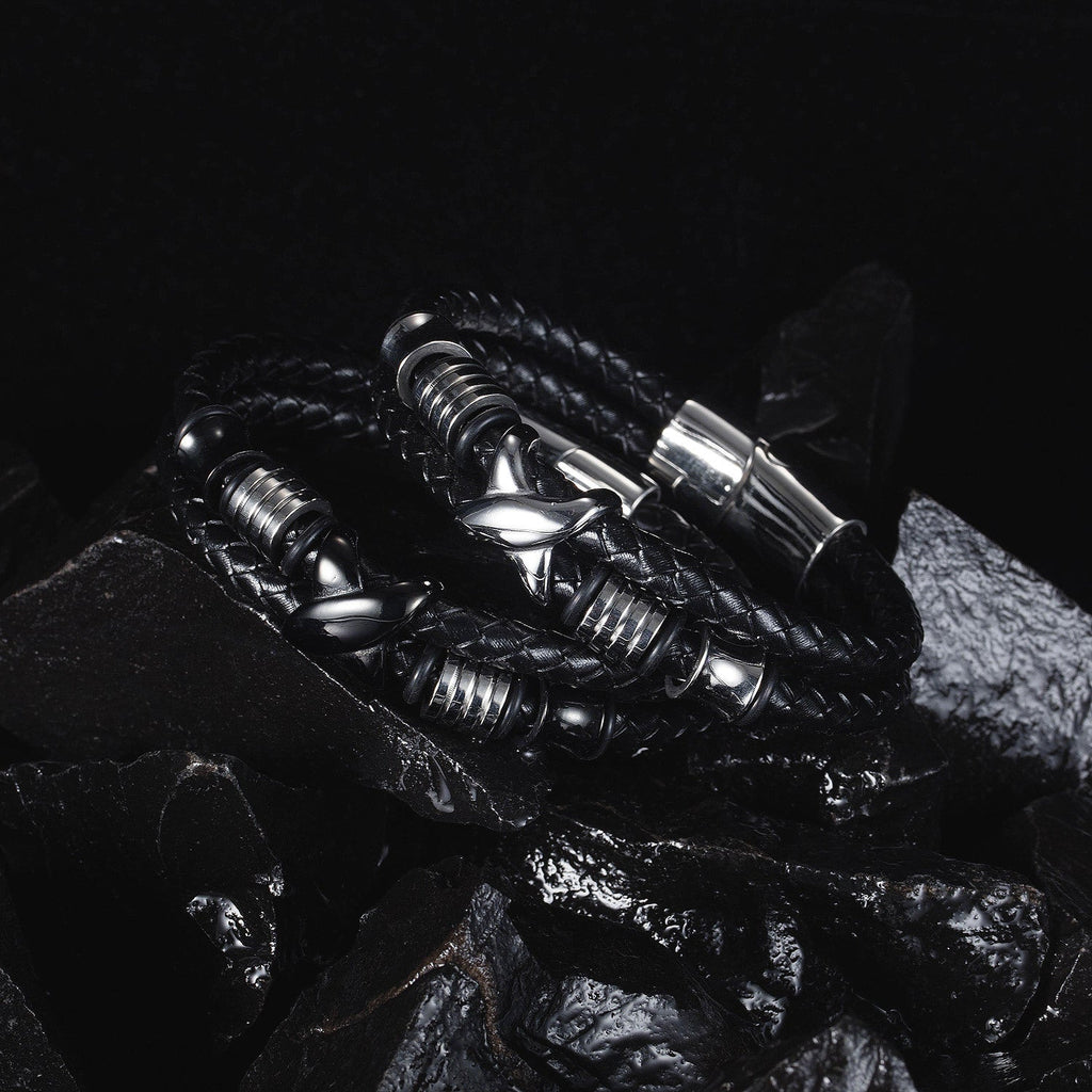 Pulseira de Couro e Aço Inoxidável