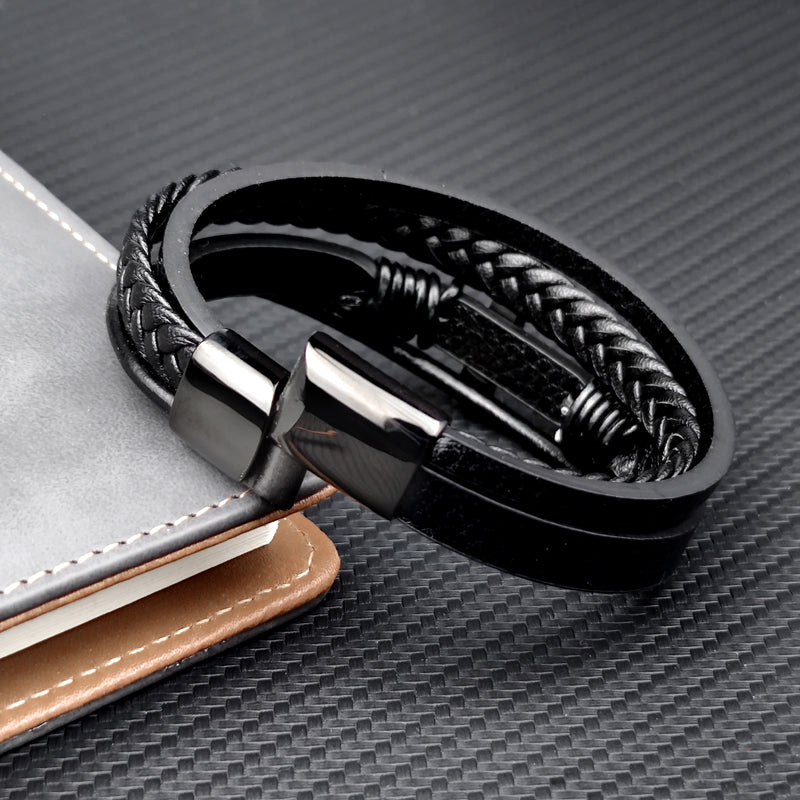 Leather and Stainless Steel Cross Bracelet