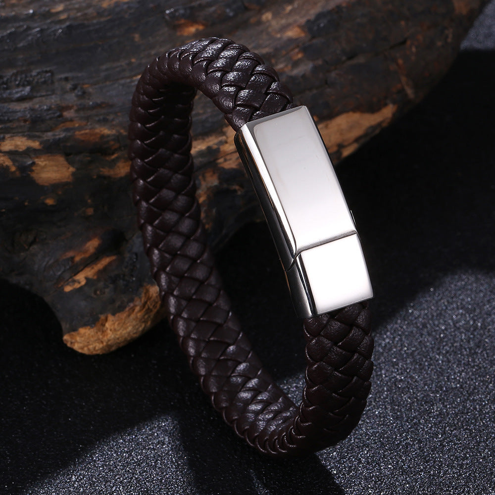 Personalized Leather and Stainless Steel Bracelet
