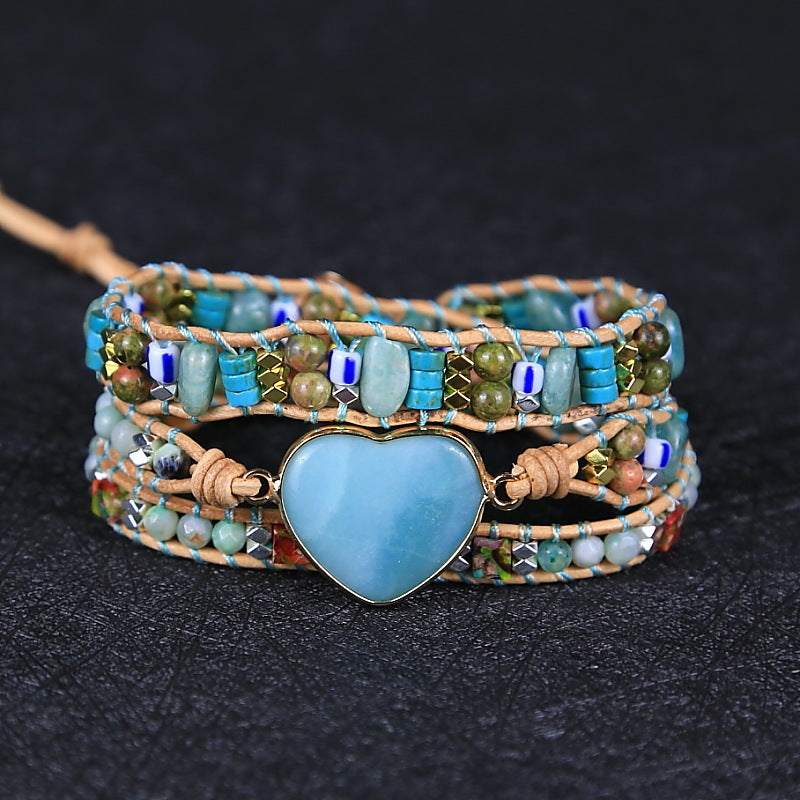 Pulseira Étnica de Couro e Pedra Natural