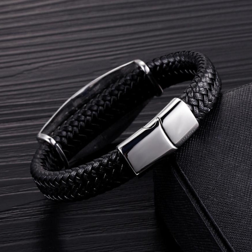 Pulseira de Couro e Aço Inoxidável 316L