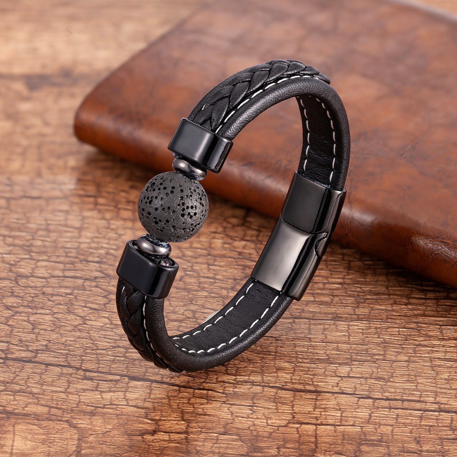 Pulseira de Couro e Pedra Natural