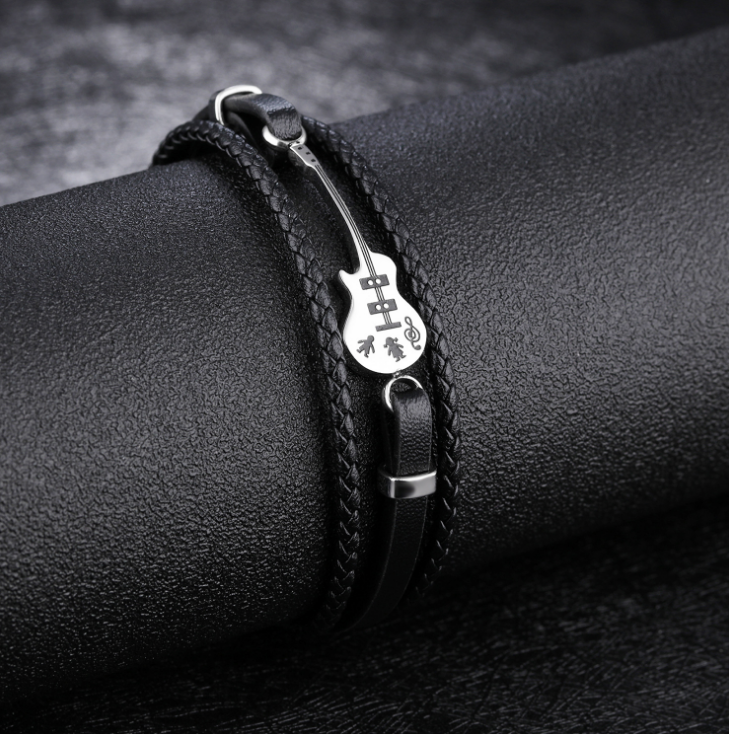 Pulseira de Couro e Aço Inoxidável Guitarra