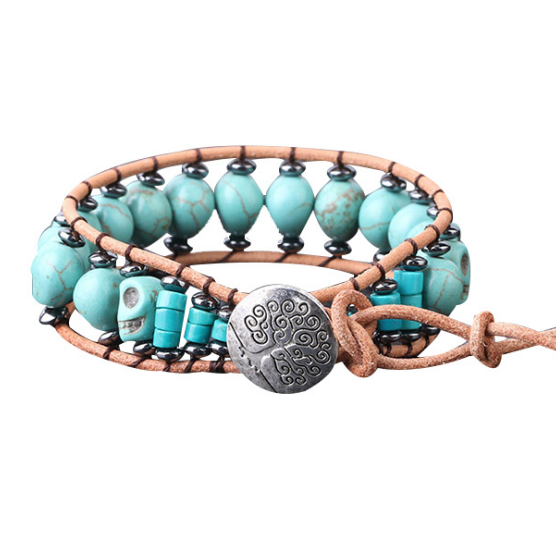 Pulsera de Calavera en Cuero y Piedra Natural
