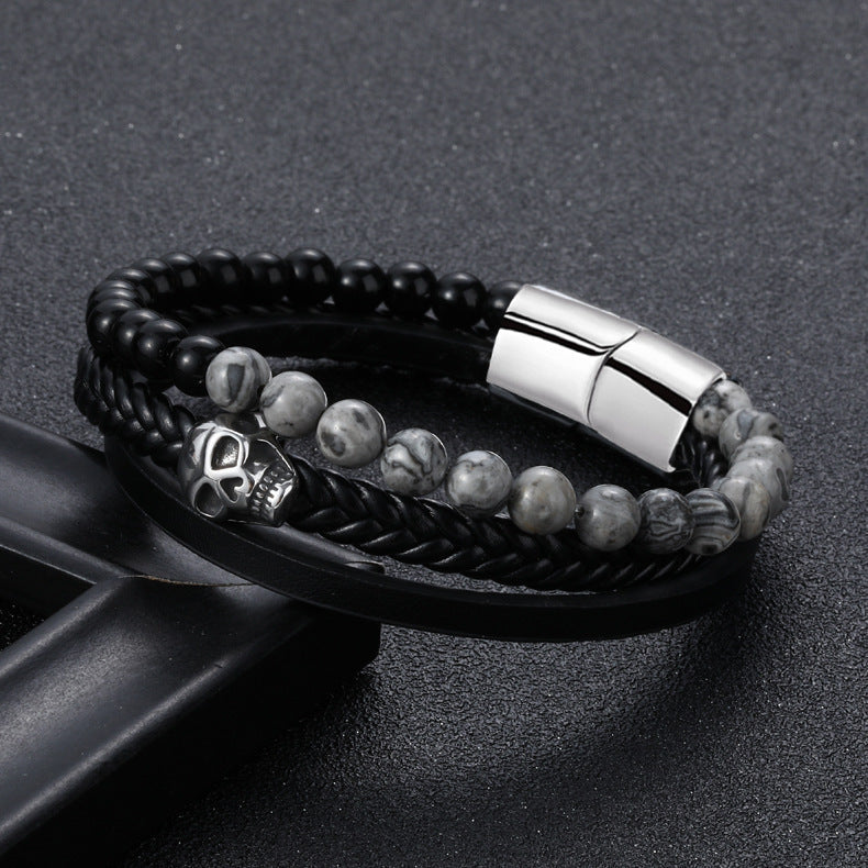 Skull Bracelet in Leather and Natural Stone