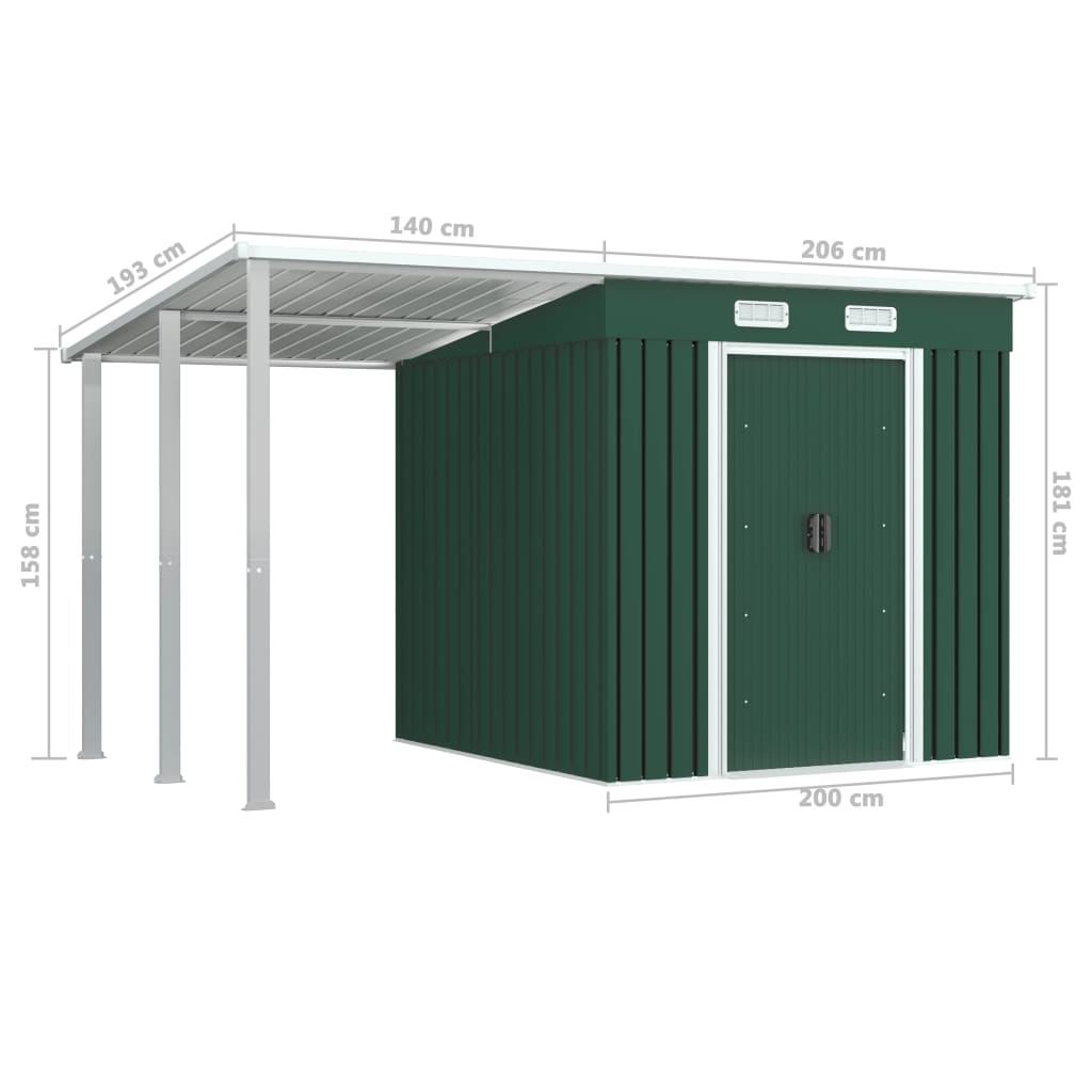 vidaXL Abrigo de jardim com alpendre 346x193x181 cm aço verde