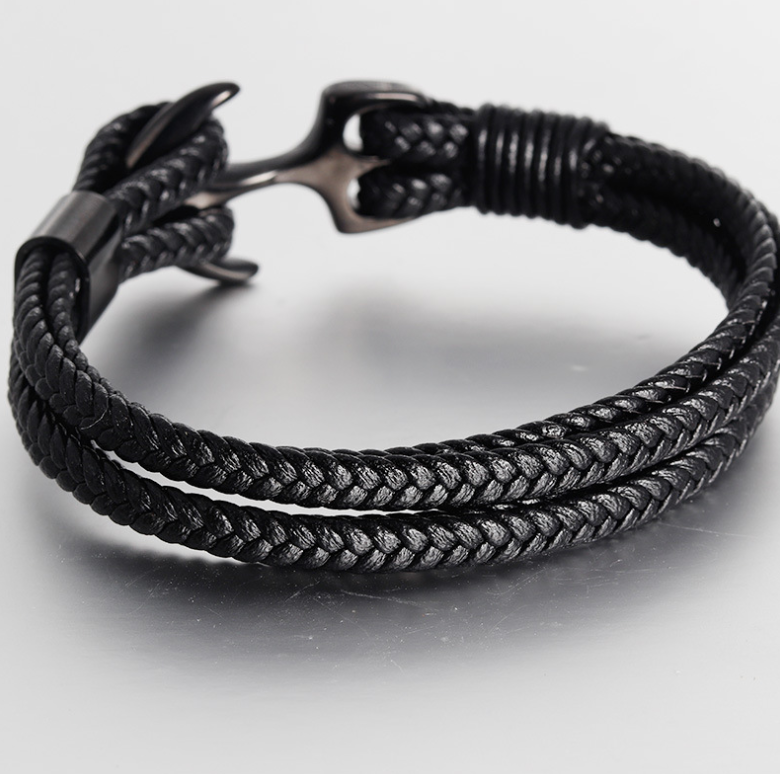 Leather and Stainless Steel Anchor Bracelet
