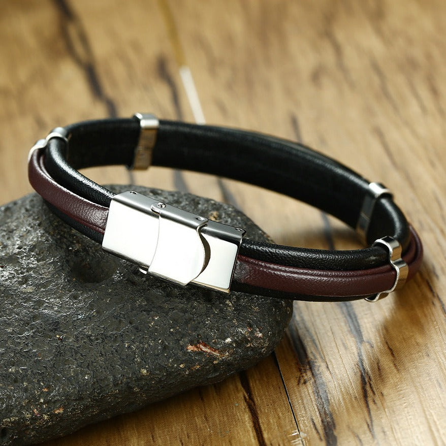 Pulseira de Couro e Aço Inoxidável