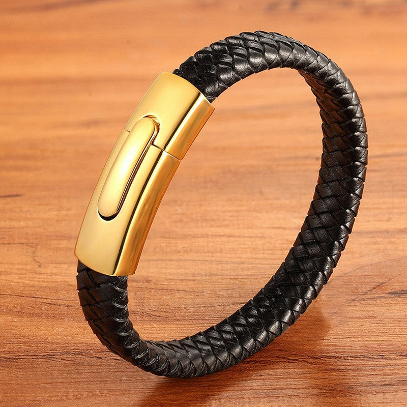 Pulseira de Couro e Aço Inoxidável