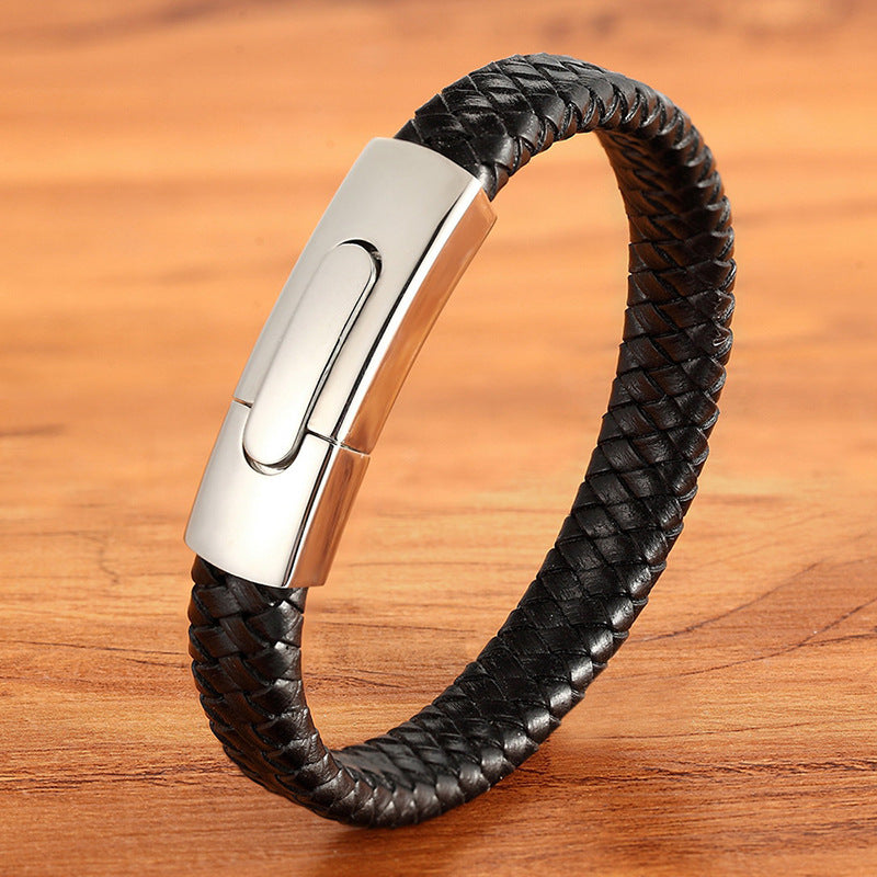 Pulseira de Couro e Aço Inoxidável