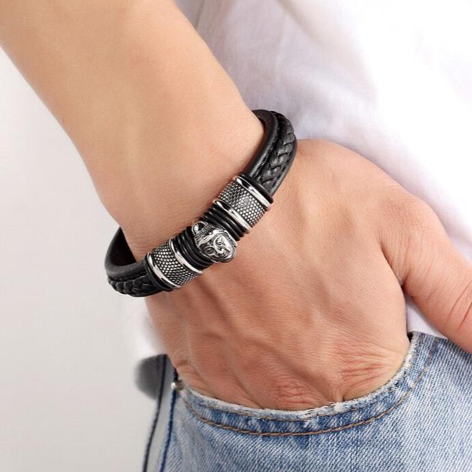 Pulseira Buda de Couro e Aço Inoxidável