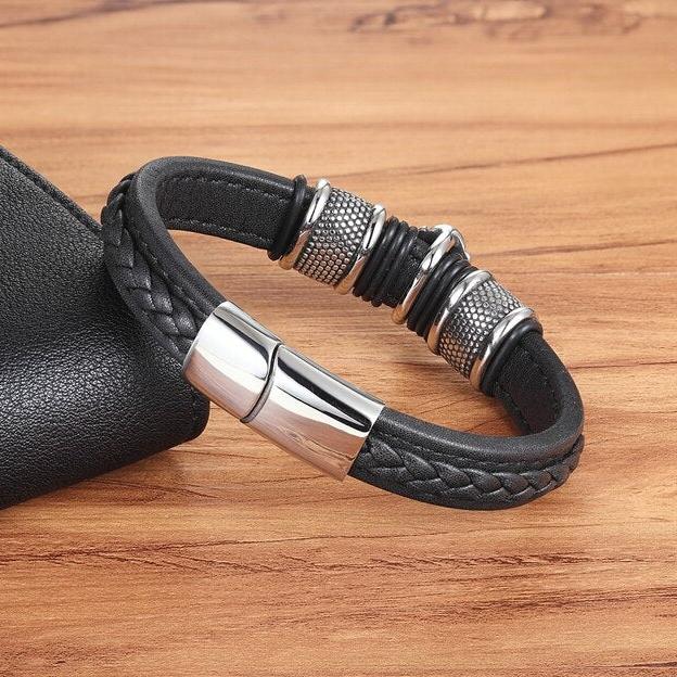 Pulseira Buda de Couro e Aço Inoxidável