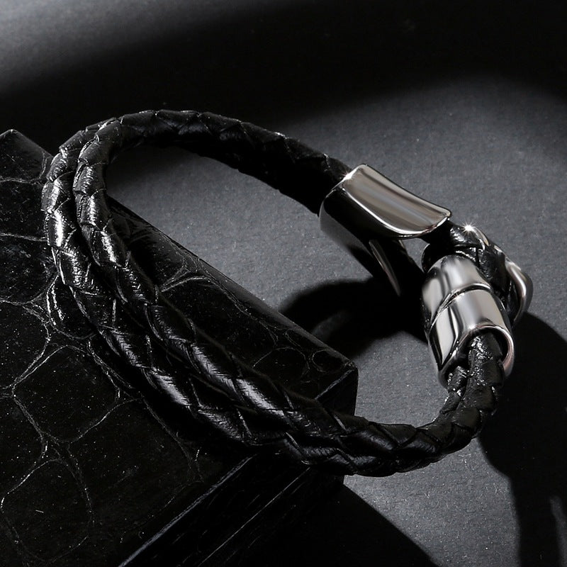 Pulseira Skull de Couro e Aço Inoxidável