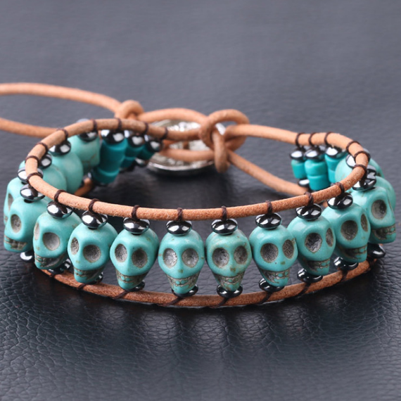 Pulsera de Calavera en Cuero y Piedra Natural