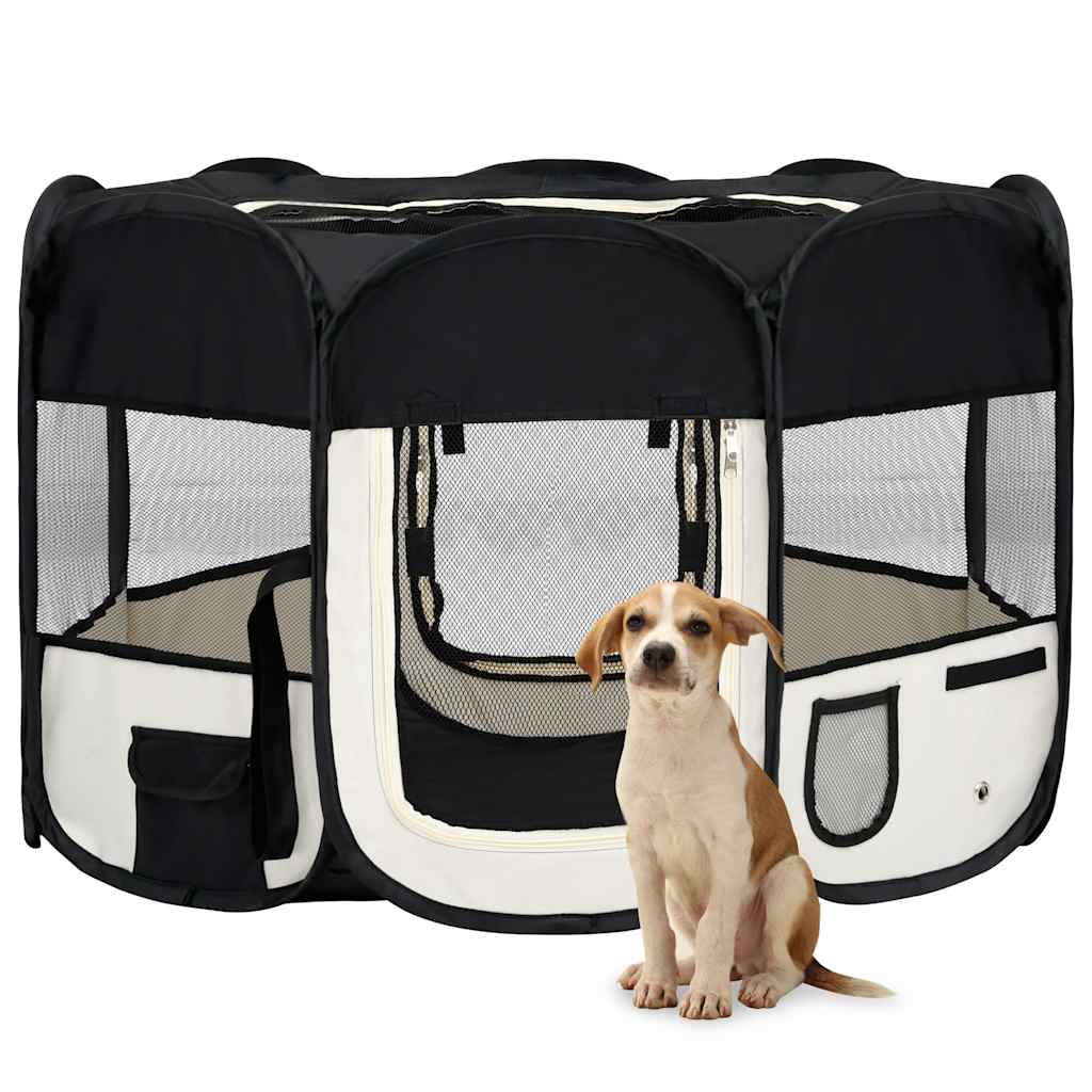 vidaXL Parque dobrável p/ cão c/ saco de transporte 90x90x58 cm preto