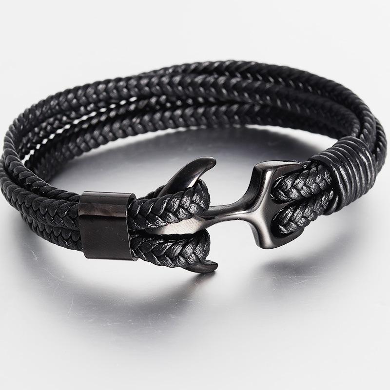 Leather and Stainless Steel Anchor Bracelet