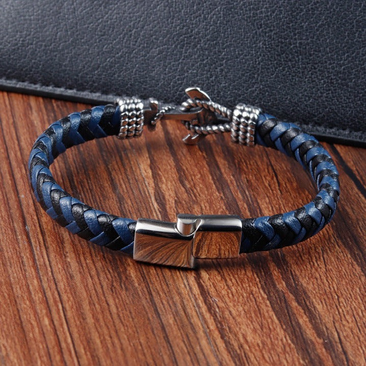 Pulseira Âncora de Couro e Aço Inoxidável