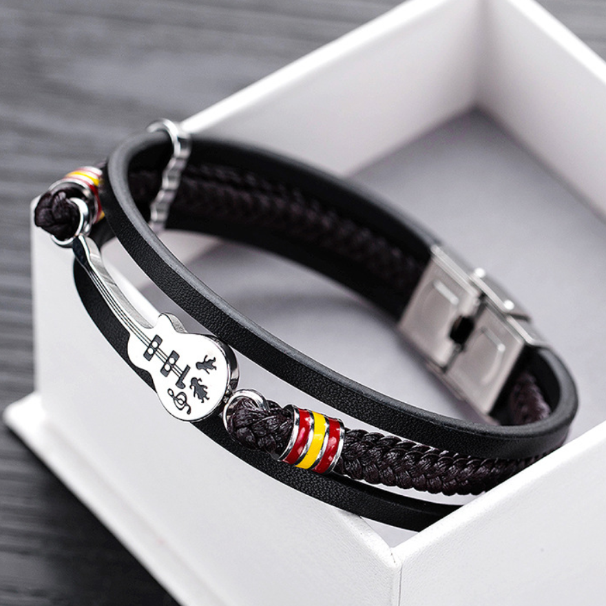 Pulseira de Couro e Aço Inoxidável Guitarra