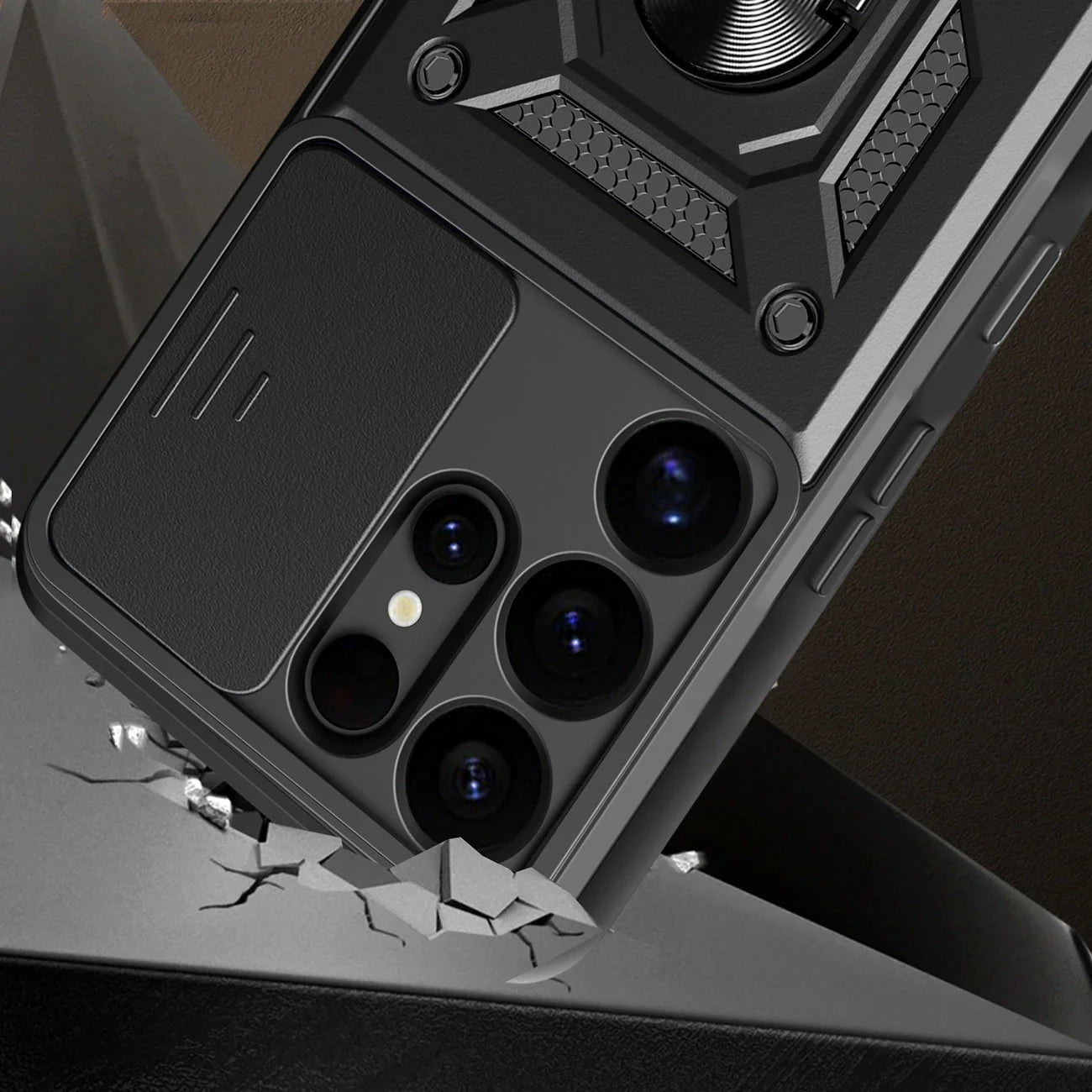 Funda híbrida Camshield con aro metálico para Samsung Galaxy S25 Ultra, color negro