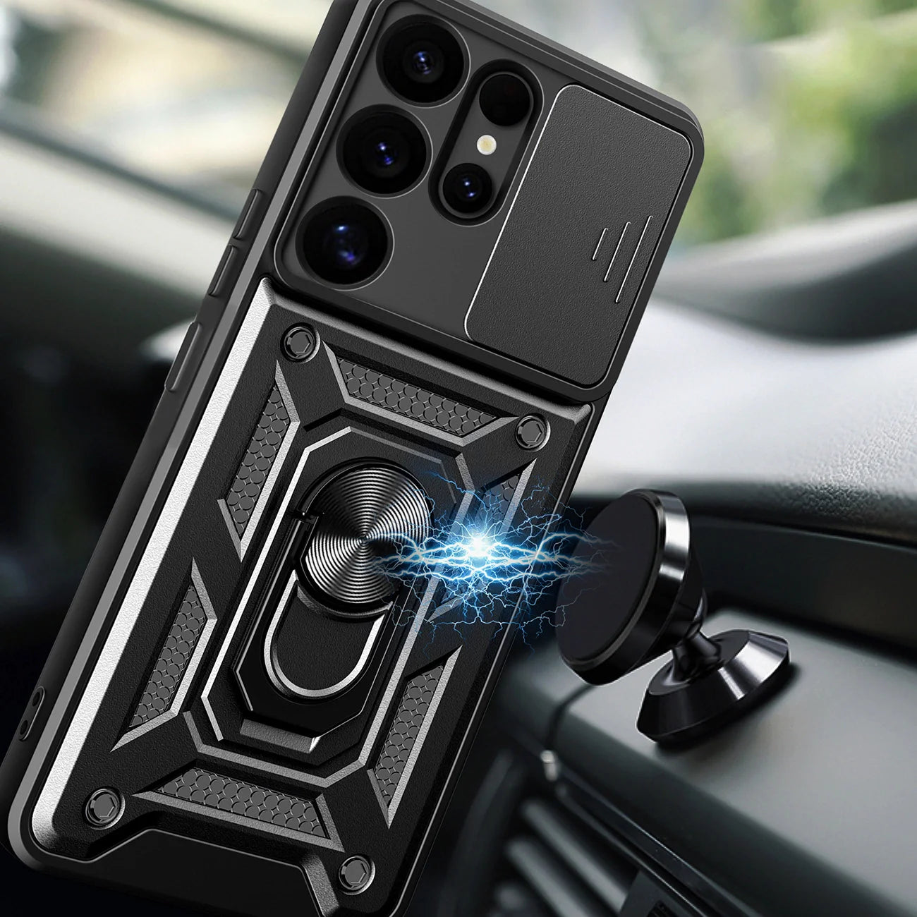 Funda híbrida Camshield con aro metálico para Samsung Galaxy S25 Ultra, color negro