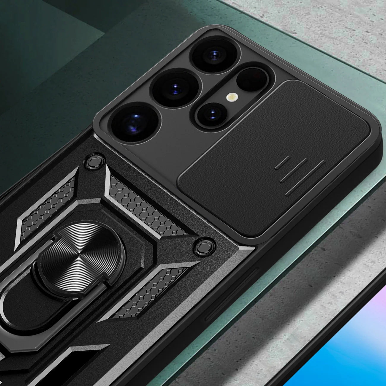 Funda híbrida Camshield con aro metálico para Samsung Galaxy S25 Ultra, color negro