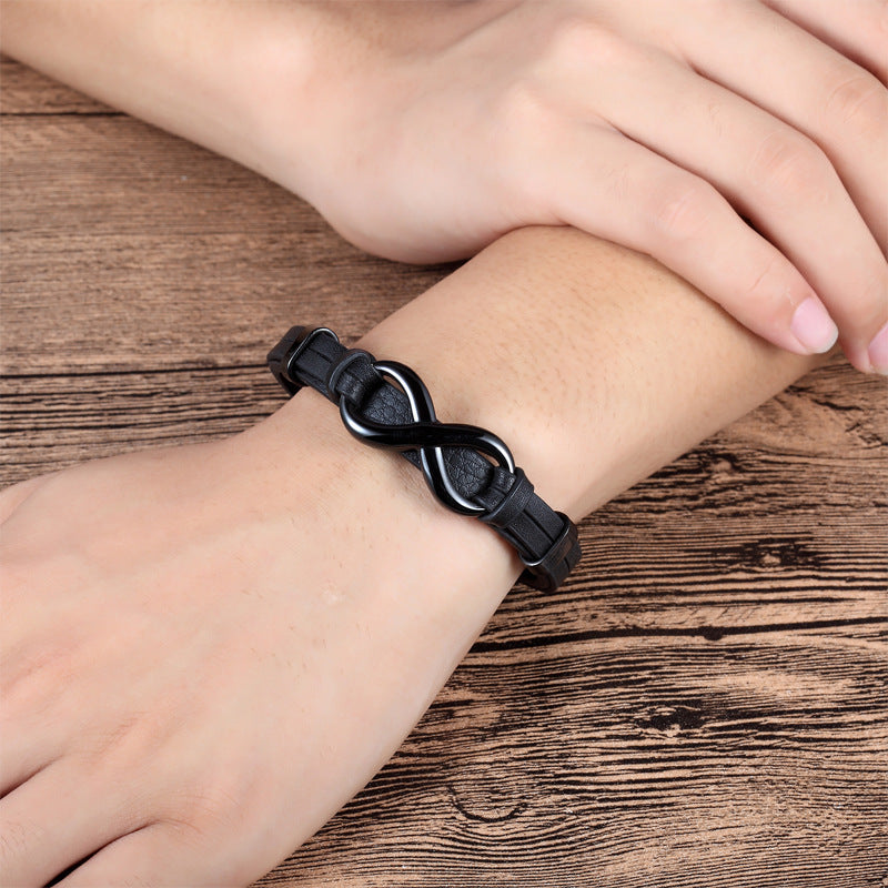 Pulseira de Couro e Aço Inoxidável Infinito