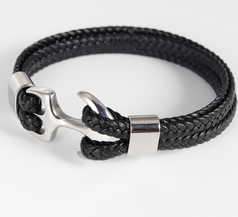 Leather and Stainless Steel Anchor Bracelet