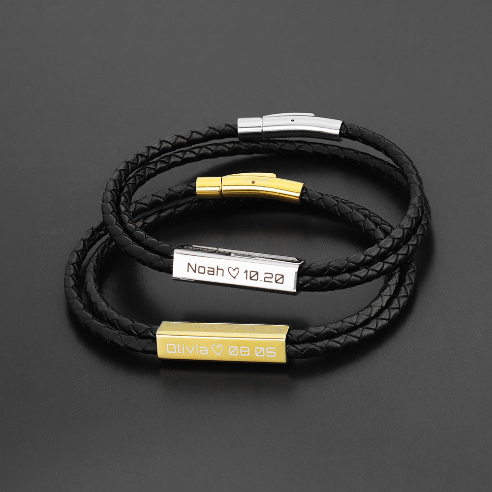 Personalized Leather and Stainless Steel Bracelet