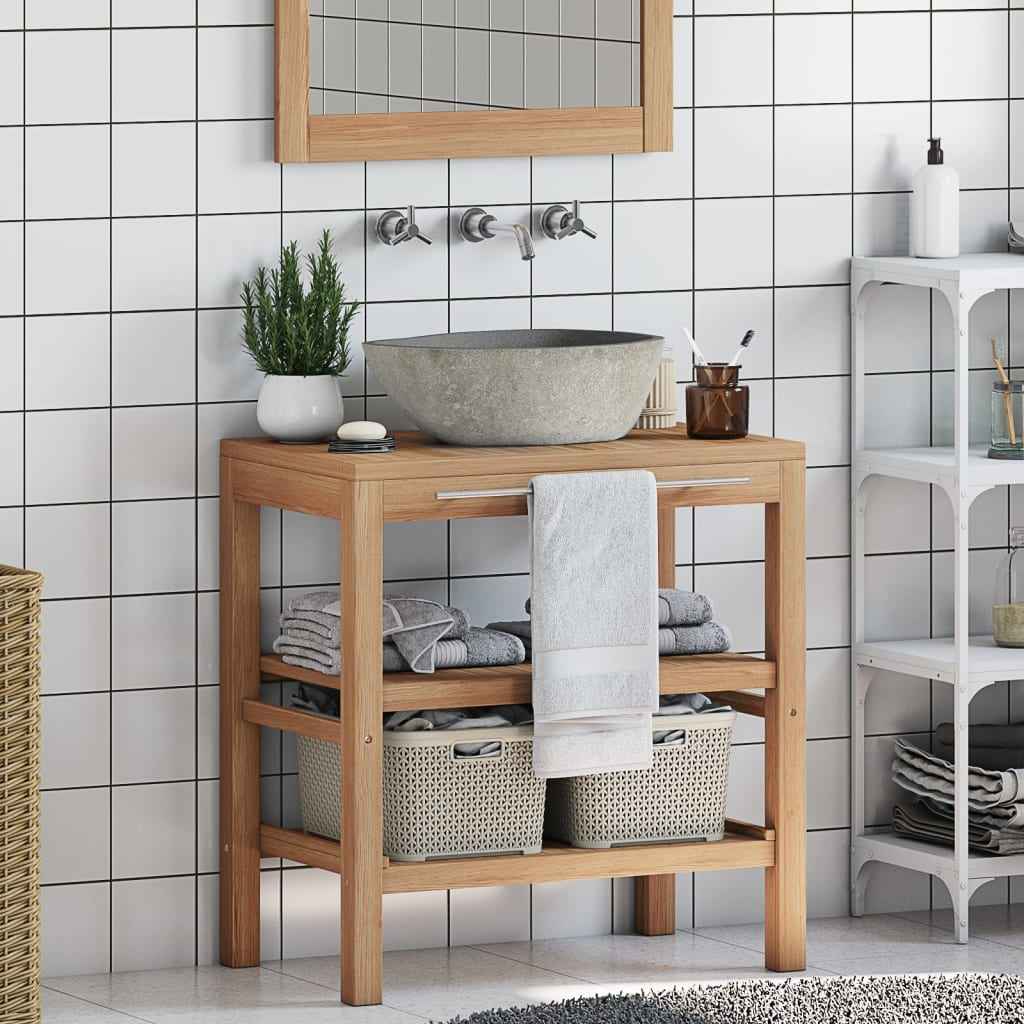 vidaXL Solid Teak Bathroom Cabinet with River Stone Sink