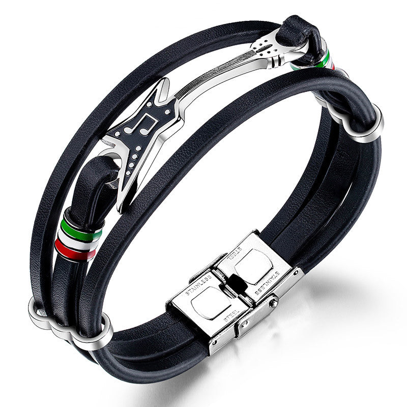 Pulseira de Couro e Aço Inoxidável Guitarra