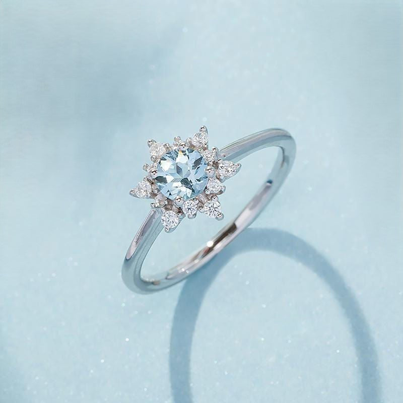 Anel Snowflake com Pedra de Água-Marinha