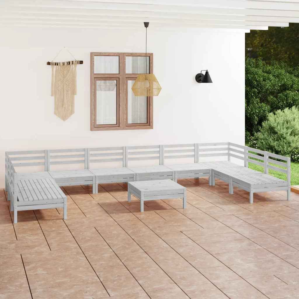 Conjunto de salón de jardín vidaXL de 11 piezas, madera maciza de pino blanco.