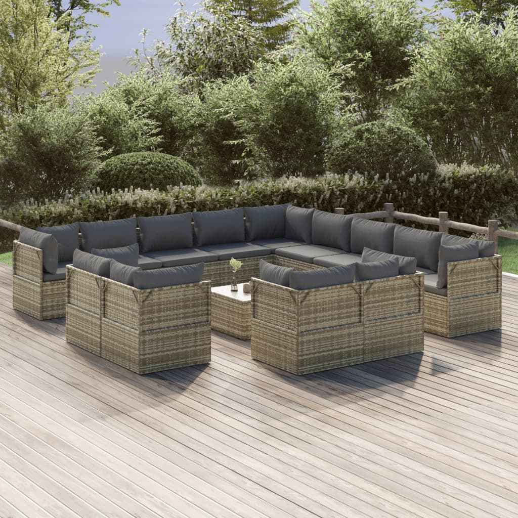 vidaXL 14 pcs conjunto lounge de jardim c/ almofadões vime PE cinzento