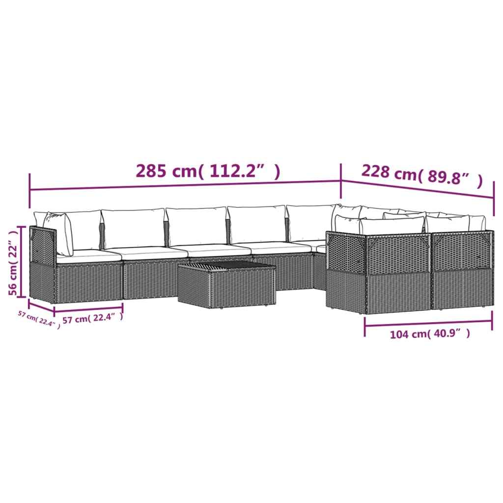 vidaXL 10 pcs conjunto lounge de jardim c/ almofadões vime PE cinzento