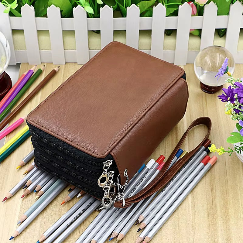72 Holders 4 Layers Handy PU Leather School Pencils Case Large Capacity Colored Pencil Bag for Student Gift Art Supplies