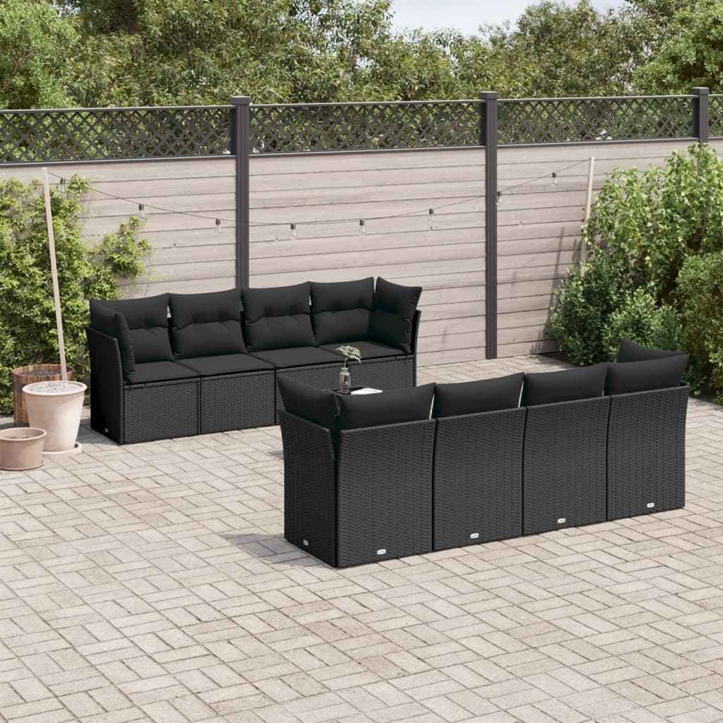 vidaXL 9 pcs conjunto de sofás p/ jardim c/ almofadões vime PE preto