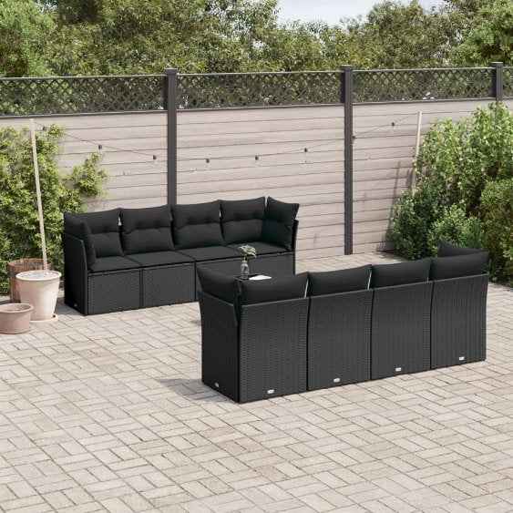 vidaXL 9 pcs conjunto de sofás p/ jardim c/ almofadões vime PE preto