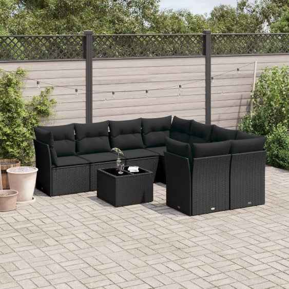 vidaXL 9 pcs conjunto de sofás p/ jardim c/ almofadões vime PE preto
