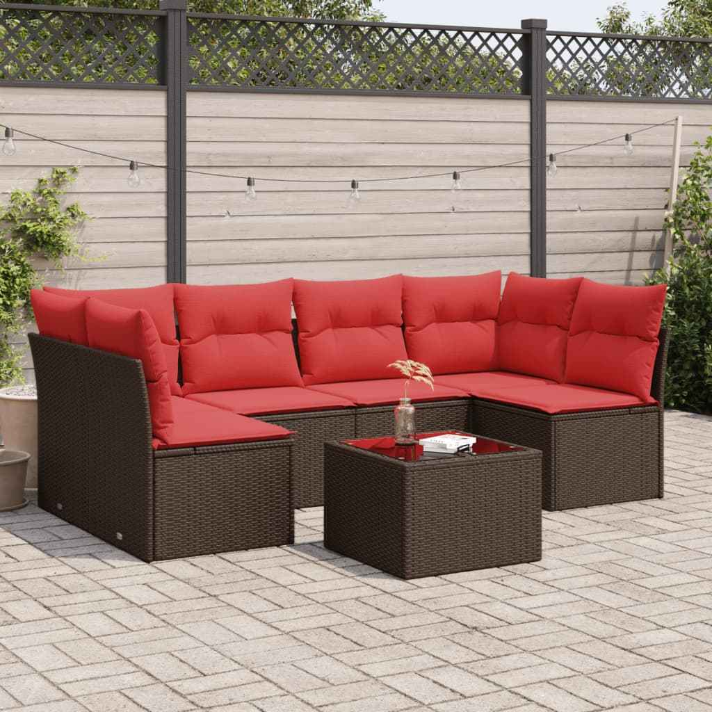 vidaXL 7 pcs conjunto de sofás jardim c/ almofadões vime PE castanho