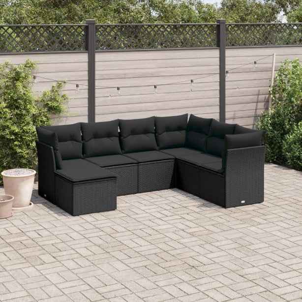 vidaXL 7 pcs conjunto de sofás p/ jardim c/ almofadões vime PE preto
