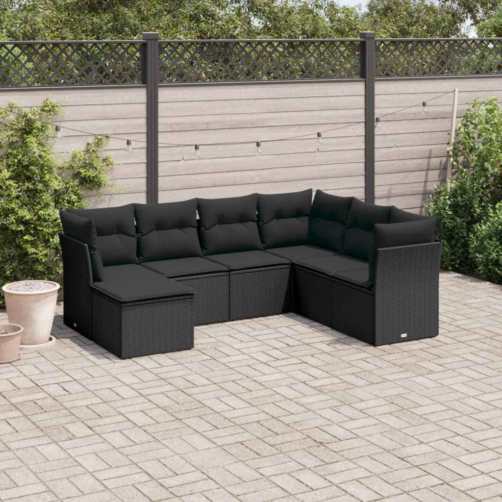 vidaXL 7 pcs conjunto de sofás p/ jardim c/ almofadões vime PE preto
