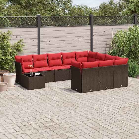 vidaXL 11 pcs conjunto sofás de jardim c/ almofadões vime PE castanho