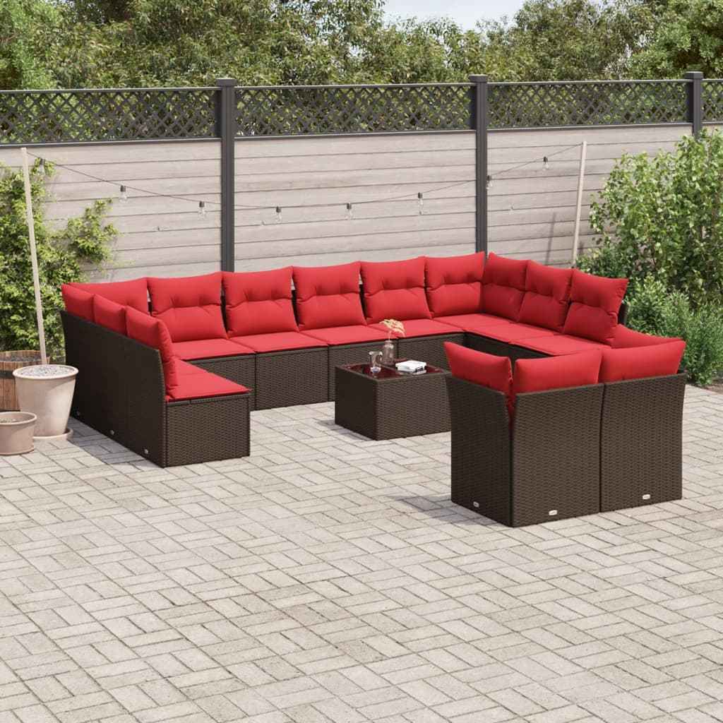 vidaXL 13-piece garden sofa set with cushions, brown PE wicker.