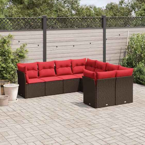 vidaXL 8 pcs conjunto sofás de jardim c/ almofadões vime PE castanho