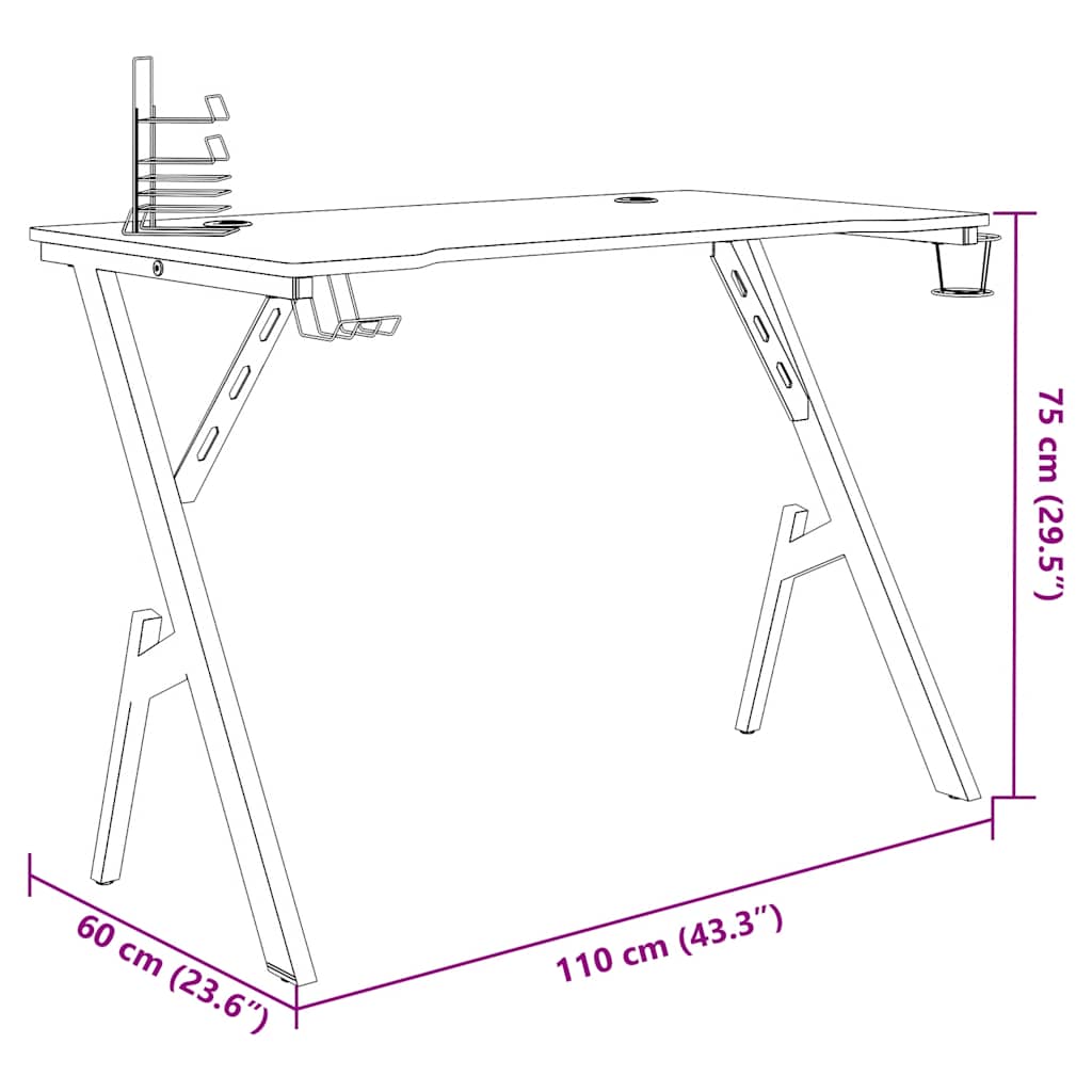 vidaXL Gaming Desk with Y-shaped legs, 110x60x75 cm, black.