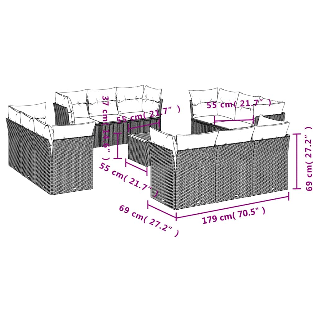 vidaXL 13 pcs conjunto sofás p/ jardim c/ almofadões vime PE cinzento