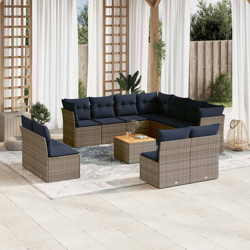 vidaXL 12-piece garden sofa set with wicker cushions, PE gray.