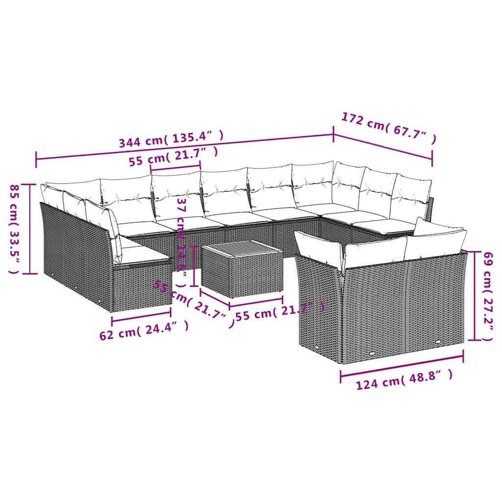 vidaXL 13-piece garden sofa set with wicker cushions, PE gray.