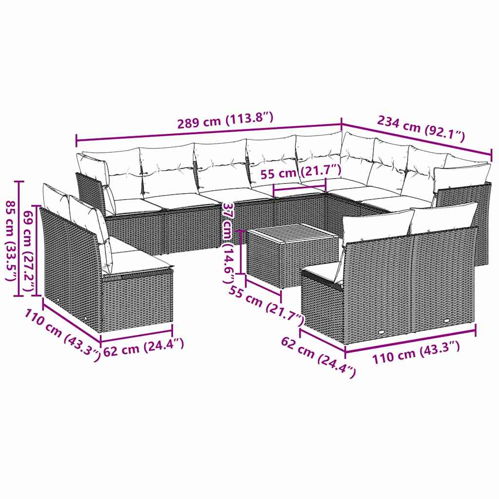 vidaXL 13-piece garden sofa set with wicker cushions, PE gray.