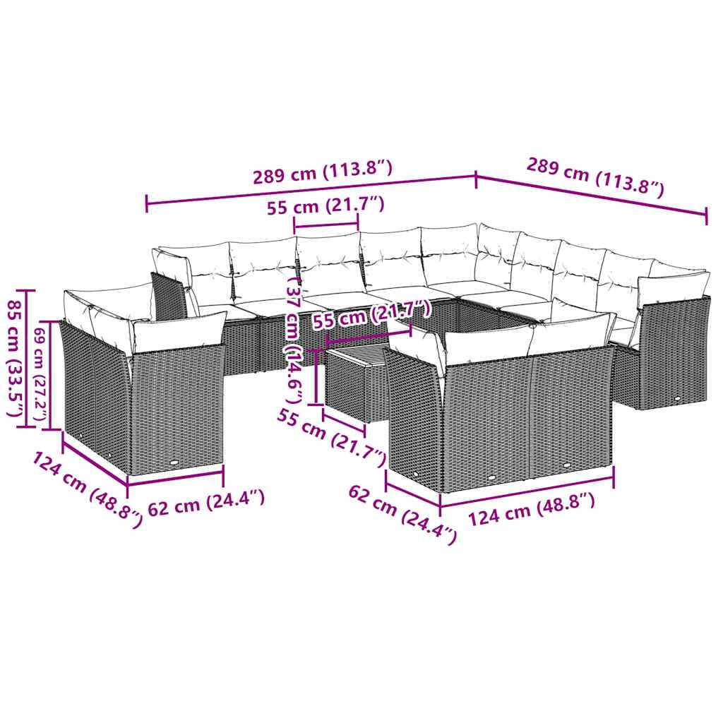 vidaXL 14 pcs conjunto sofás p/ jardim c/ almofadões vime PE cinzento